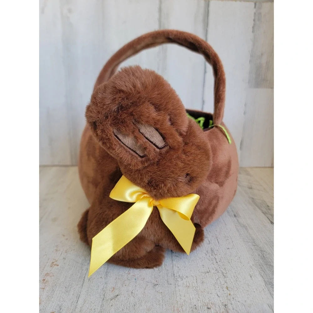 faux Chocolate Easter Bunny plush basket spring home decor rabbit bucket bow